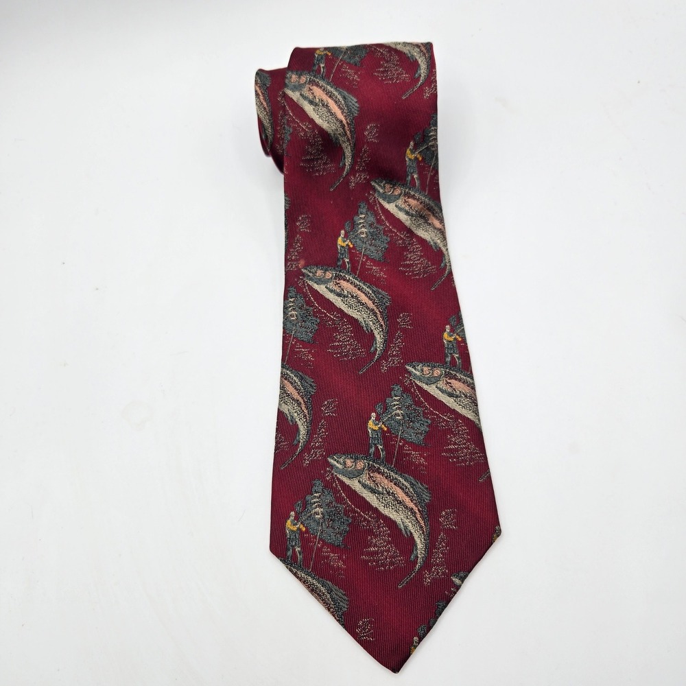 90s Nautica Silk Tie Mens Burgundy Fishing Trout Outdoors USA 56x4 Cabincore